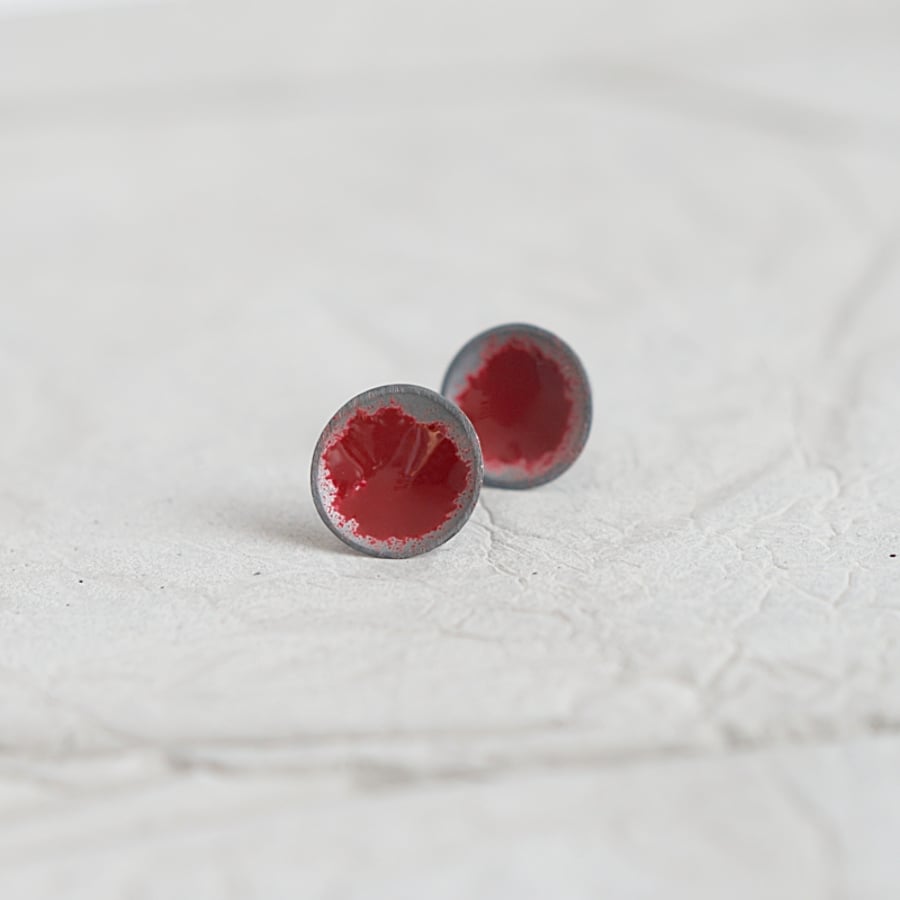 Dark Red Oxidised Sterling Silver Little Stud Earrings