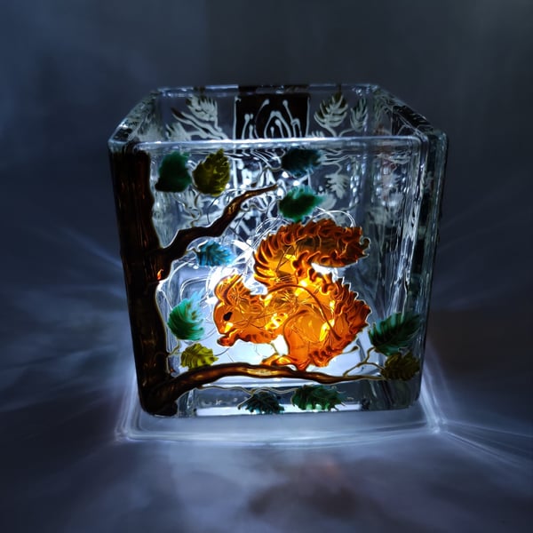 Candle holder, hand painted glass, red squirrels in pine trees