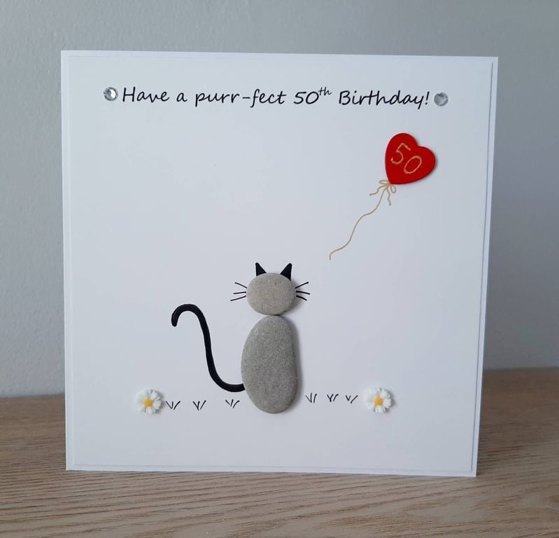 Pebble Art Cat Birthday Card: Handmade Personalized Age Card