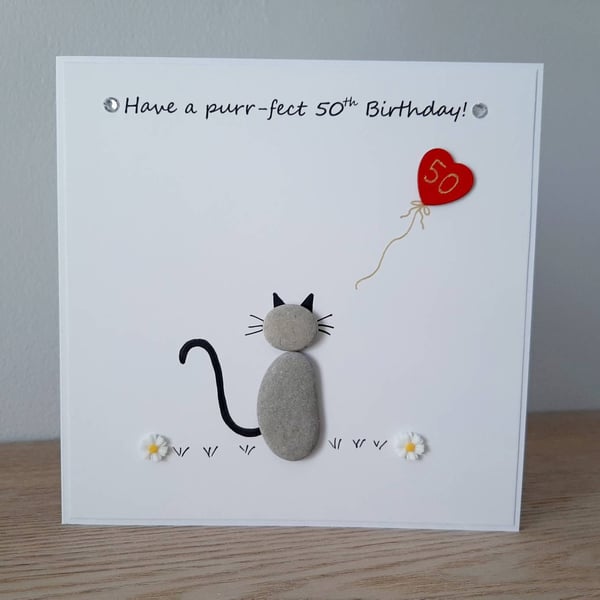 Pebble Art Cat Birthday Card: Handmade Personalized Age Card