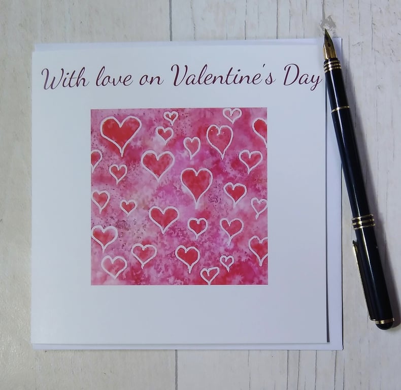 Valentine's Day card. Hearts card. Printed card. With love on Valentine's Day.