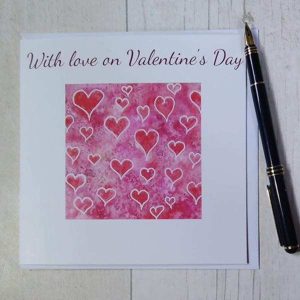 Valentine's Day card. Hearts card. Printed card. With love on Valentine's Day.