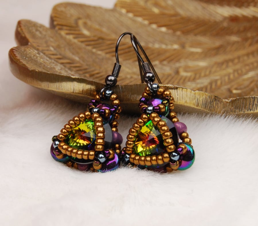 Beaded earrings, Peacock earrings, Unique statement earrings, Sparkly earrings