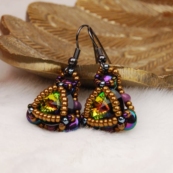Beaded earrings, Peacock earrings, Unique statement earrings, Sparkly earrings