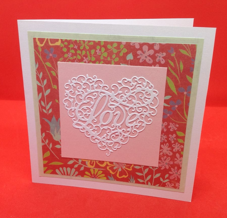 Handmade wedding, engagement, anniversary card, pink, red, white papercut heart