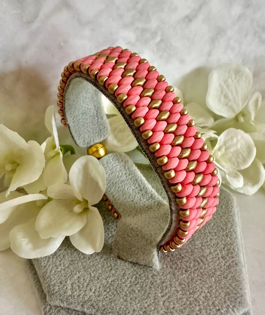 Wide SuperDuo Bracelet - Coral & Gold