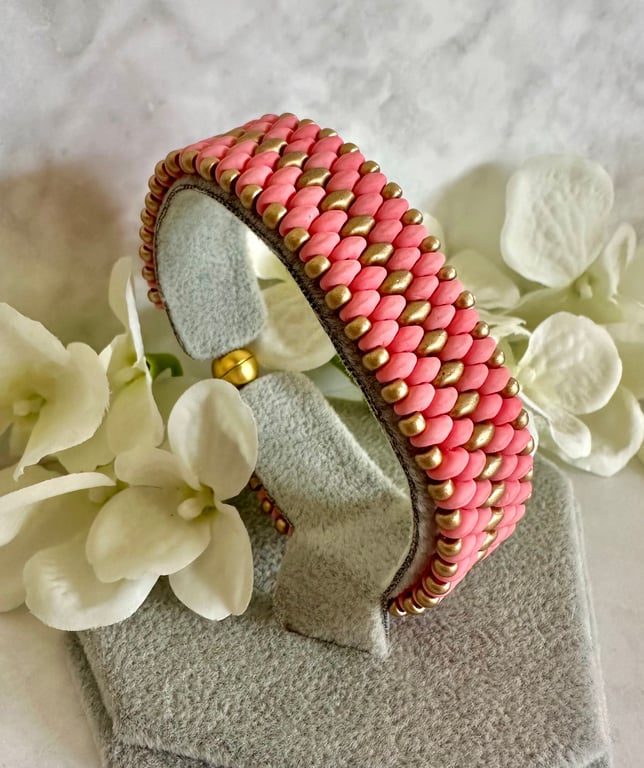 Wide SuperDuo Bracelet - Coral & Gold