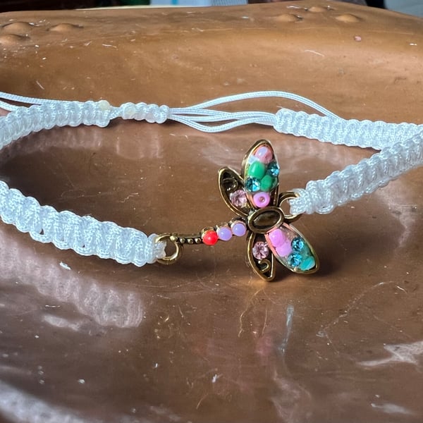 White Dragonfly Bracelet - Macrame Friendship Adjustable Bracelet