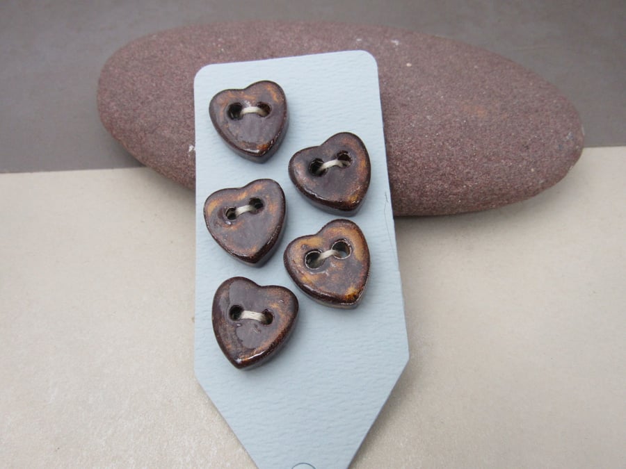 5 Small Heart Shaped Dark Copper Ceramic Buttons