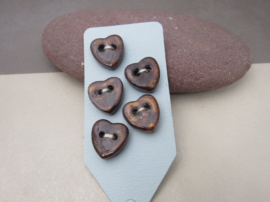 5 Small Heart Shaped Dark Copper Ceramic Buttons