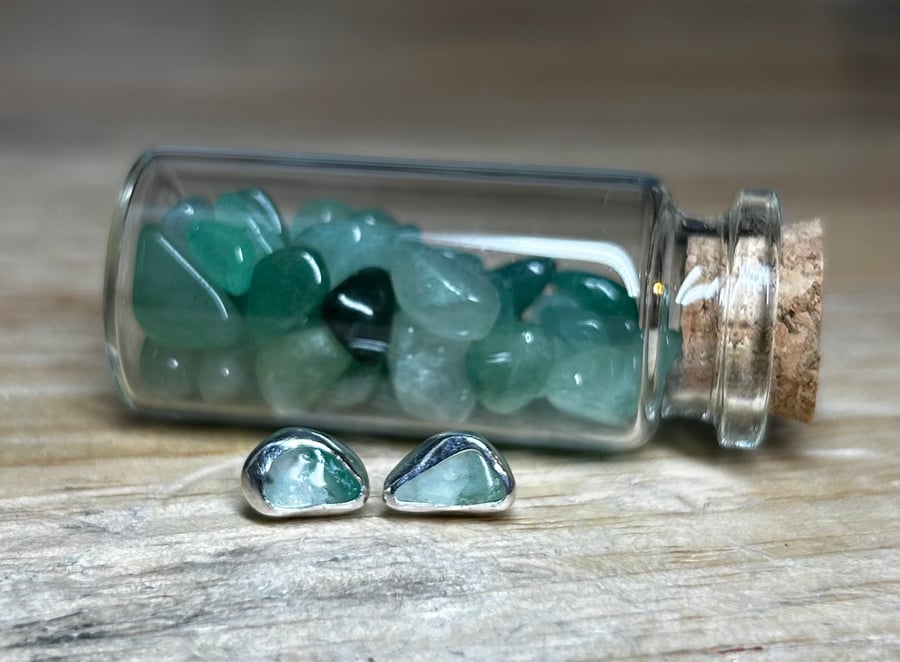 Handmade Sterling & Fine Silver Stud Earrings with Aventurine Gemstones