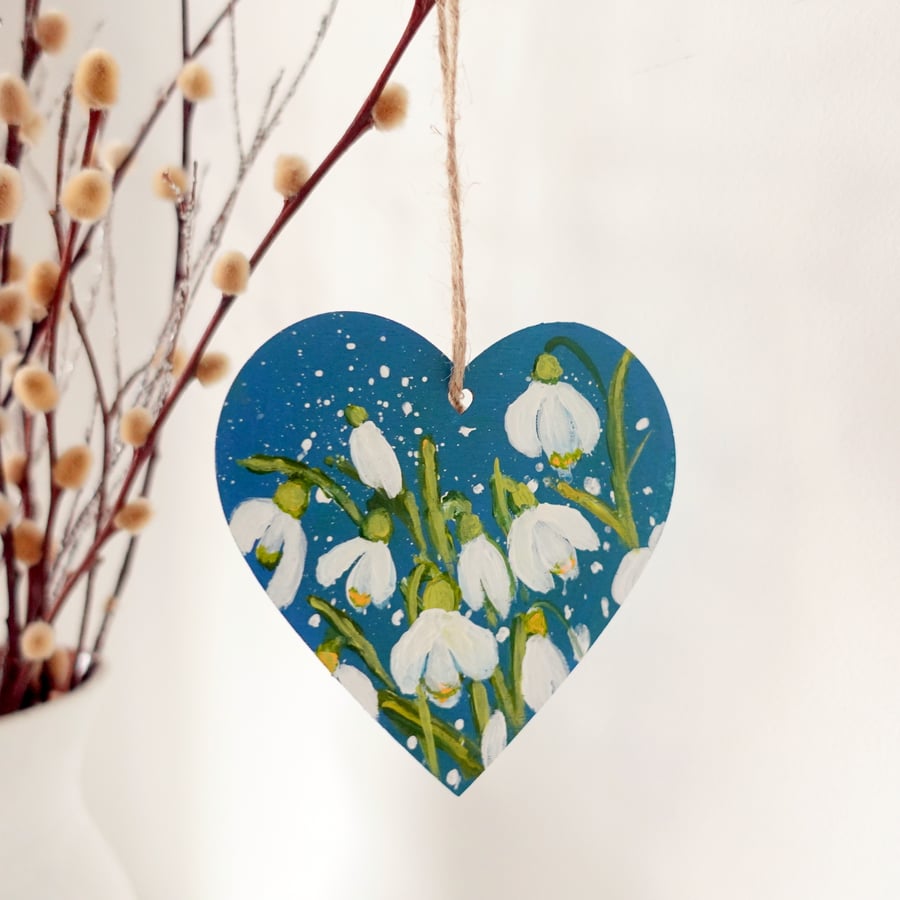 Snowdrop Hanging Decoration, Blue Heart for Easter Valentine's Day, Floral Art