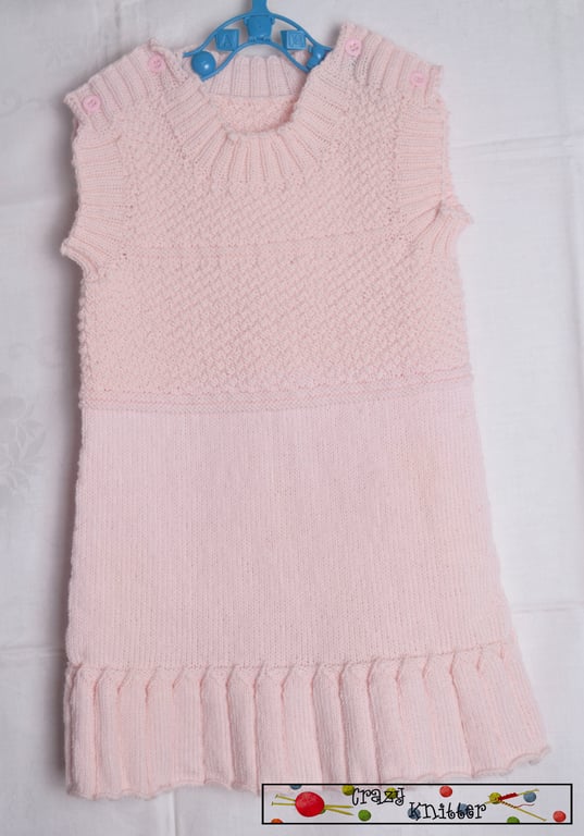 Hand Knitted Girl Pinafore Dress with Ruffles Powder Pink 100% Merino 3-4 years