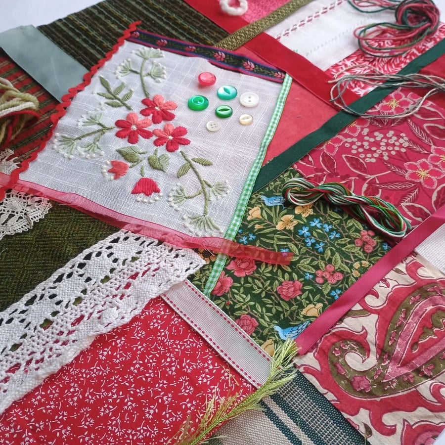 Christmas Flowers Slow Stitching Kit large - vintage and reclaimed textiles