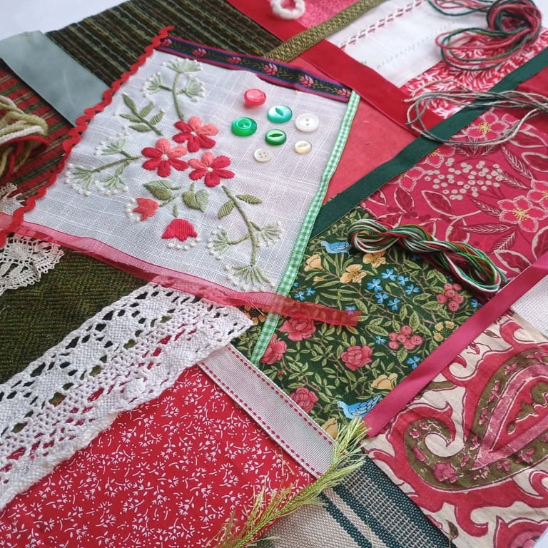 Christmas Flowers Slow Stitching Kit large - vintage and reclaimed textiles