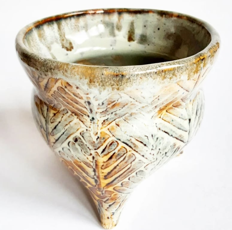 Three Legged Houseplant Holder in Caramel and Blue Glazes 