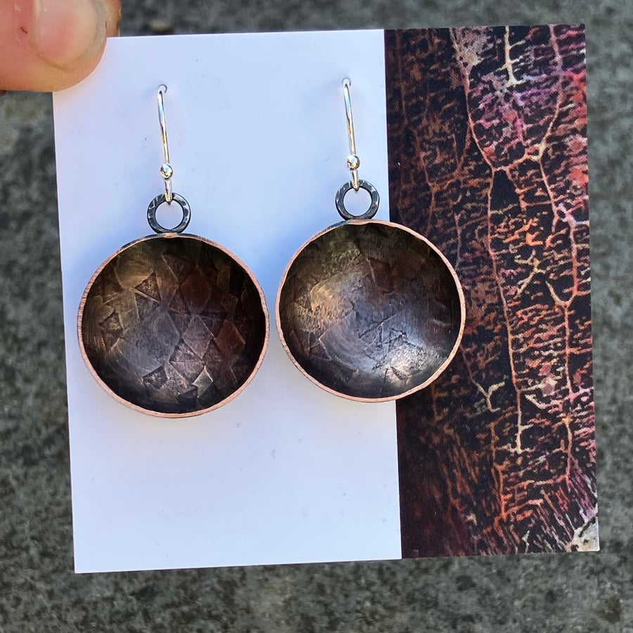 Oxidised copper bowl dangle earrings with sterling silver hooks.