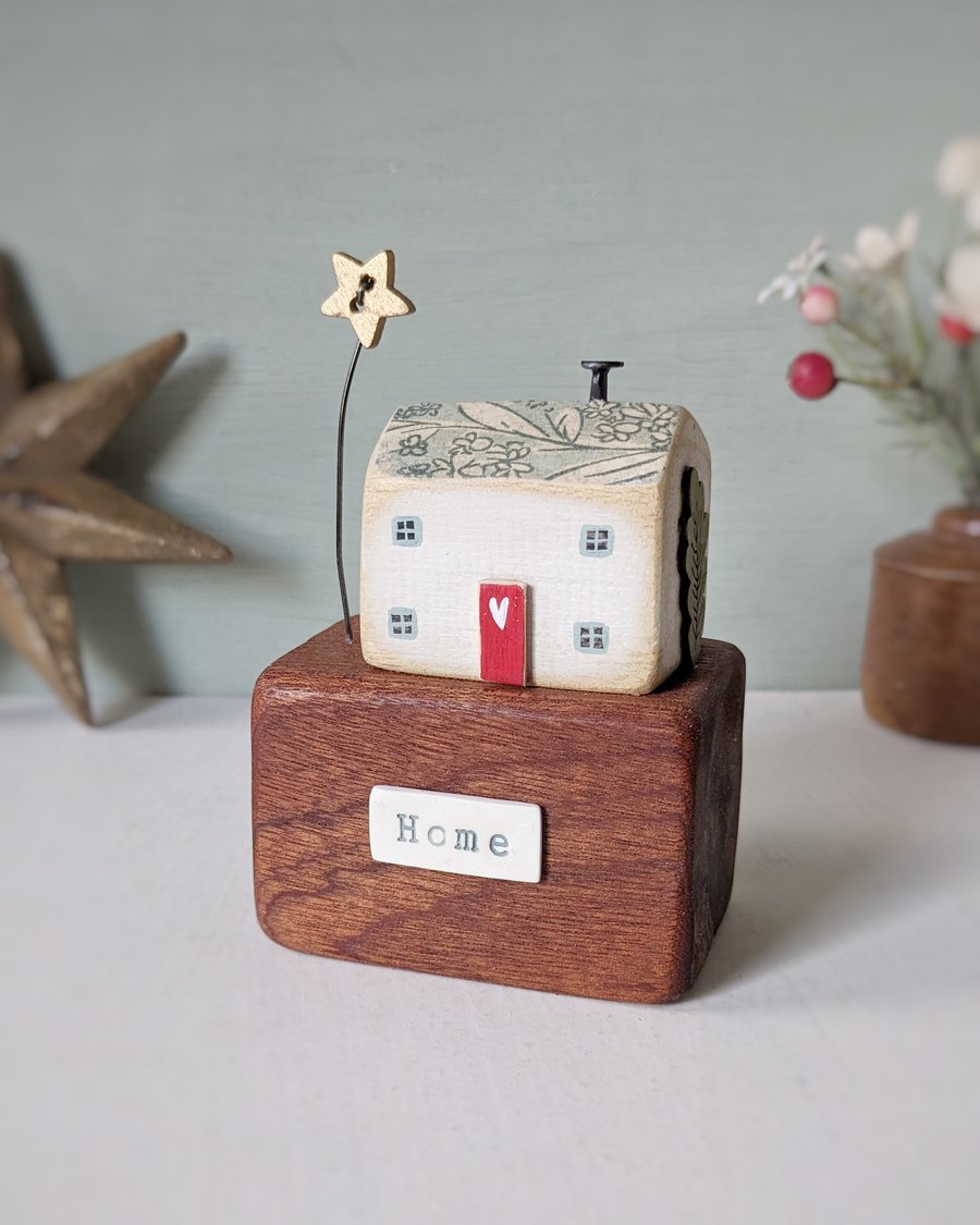 Little Wooden Christmas Cottage with Star 'Home'