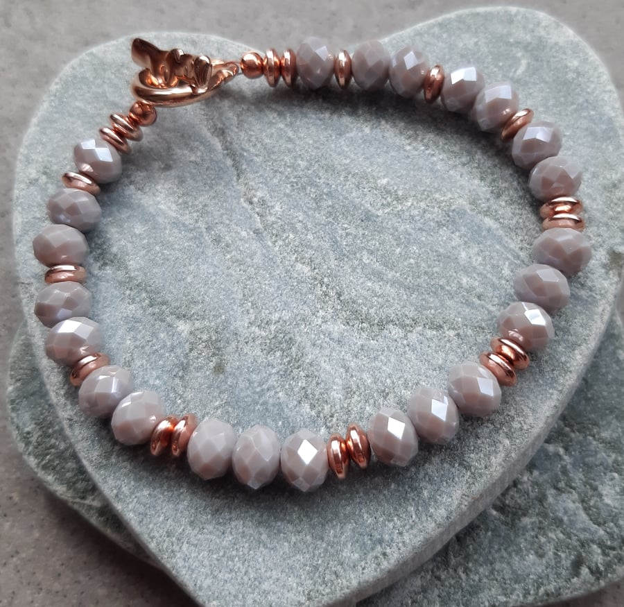 Rose Gold Coated Haematite and Crystal Beaded Bracelet