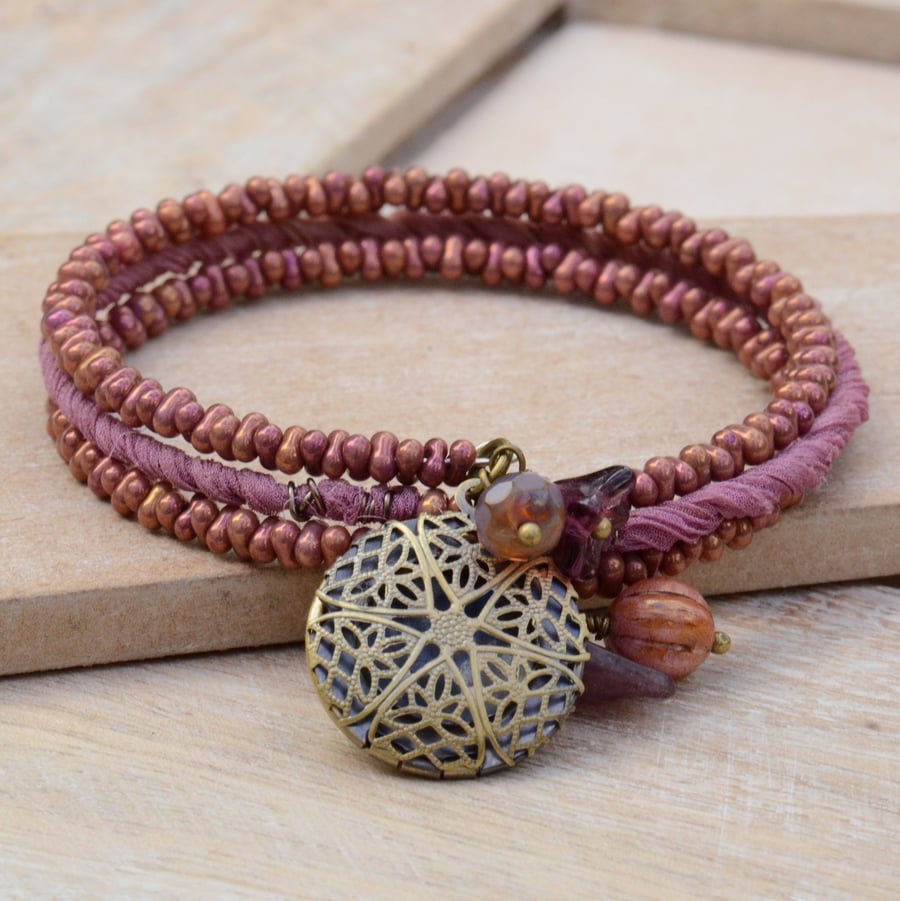 Purple Seed Bead Memory Wire Bracelet with Chiffon Ribbon, Beads & Locket