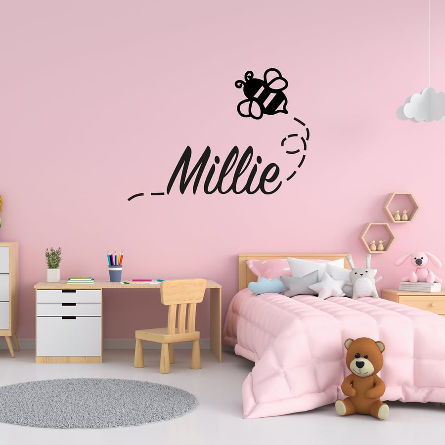 Personalised Name Bumble Bee Wall Sticker for Children Bedroom Nursey Baby