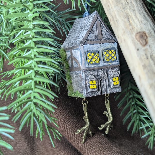 Baba Yaga's Chicken Leg Hut hand carved and painted decoration with dangly legs