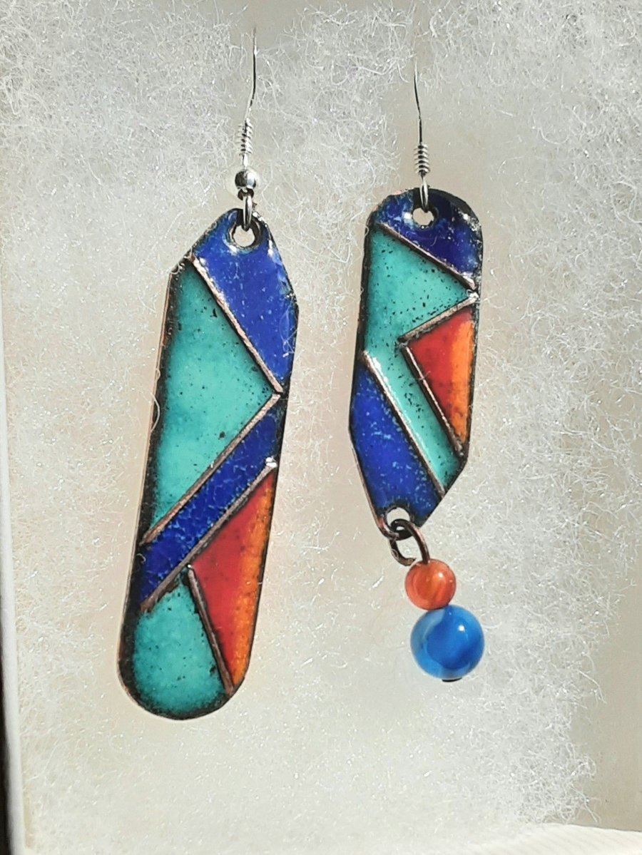 QUIRKY MODERN ABSTRACT ODD-BOD ENAMELLED EARRINGS WITH STERLING SILVER HOOKS