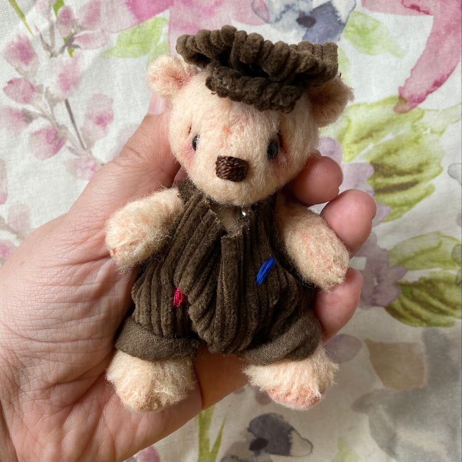 Lydia, miniature bear in corduroy dungarees, hand sewn collectible bear 