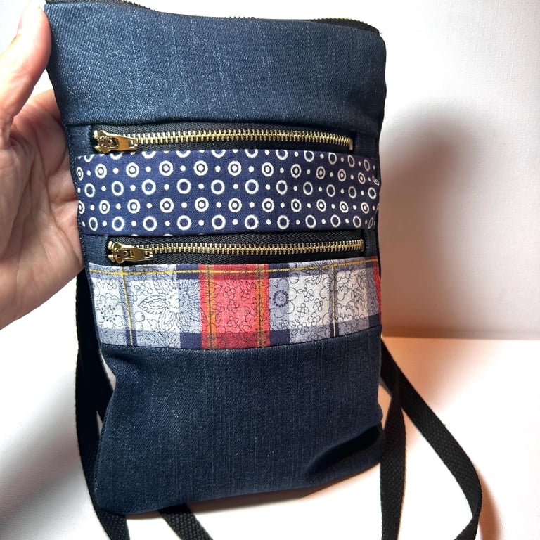 Denim bag with zip pockets and matching wrist strap keyring