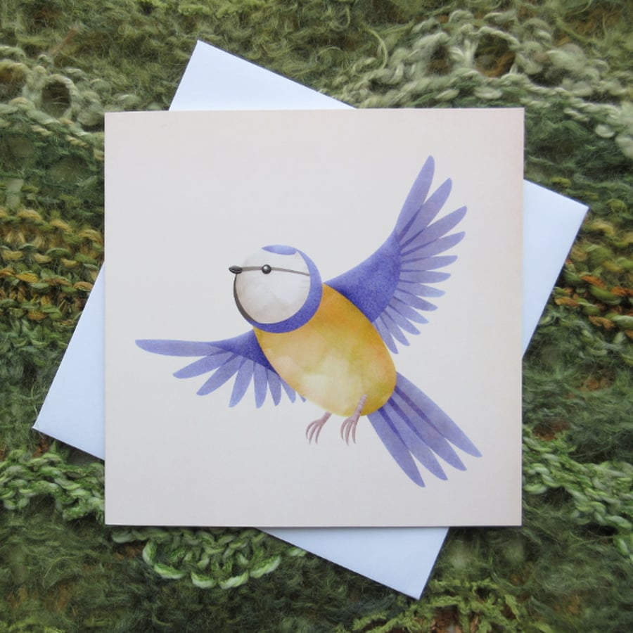 'Blue tit flying' greetings card