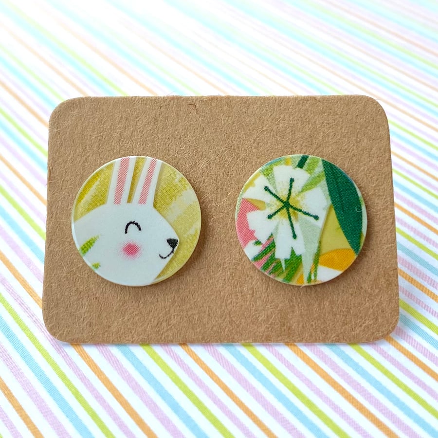 Recycled plastic bunny and flower disc stud earrings