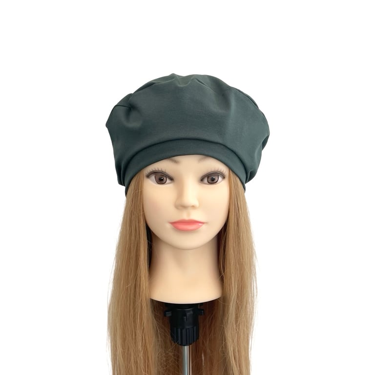 Handmade slouchy beret hat Green cotton jersey beret Lightweight women’s beret