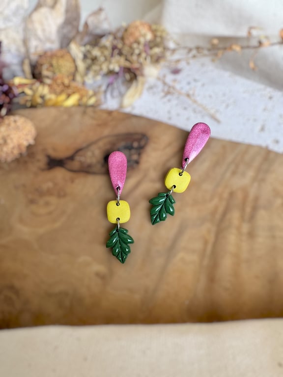 Autumn Shimmering Berry & Acid Green Tiered Leaf Polymer Clay Earrings