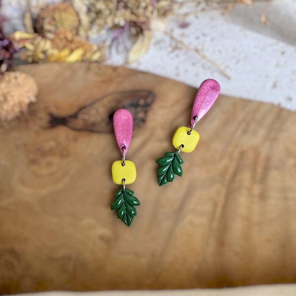 Autumn Shimmering Berry & Acid Green Tiered Leaf Polymer Clay Earrings