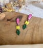 Autumn Shimmering Berry & Acid Green Tiered Leaf Polymer Clay Earrings