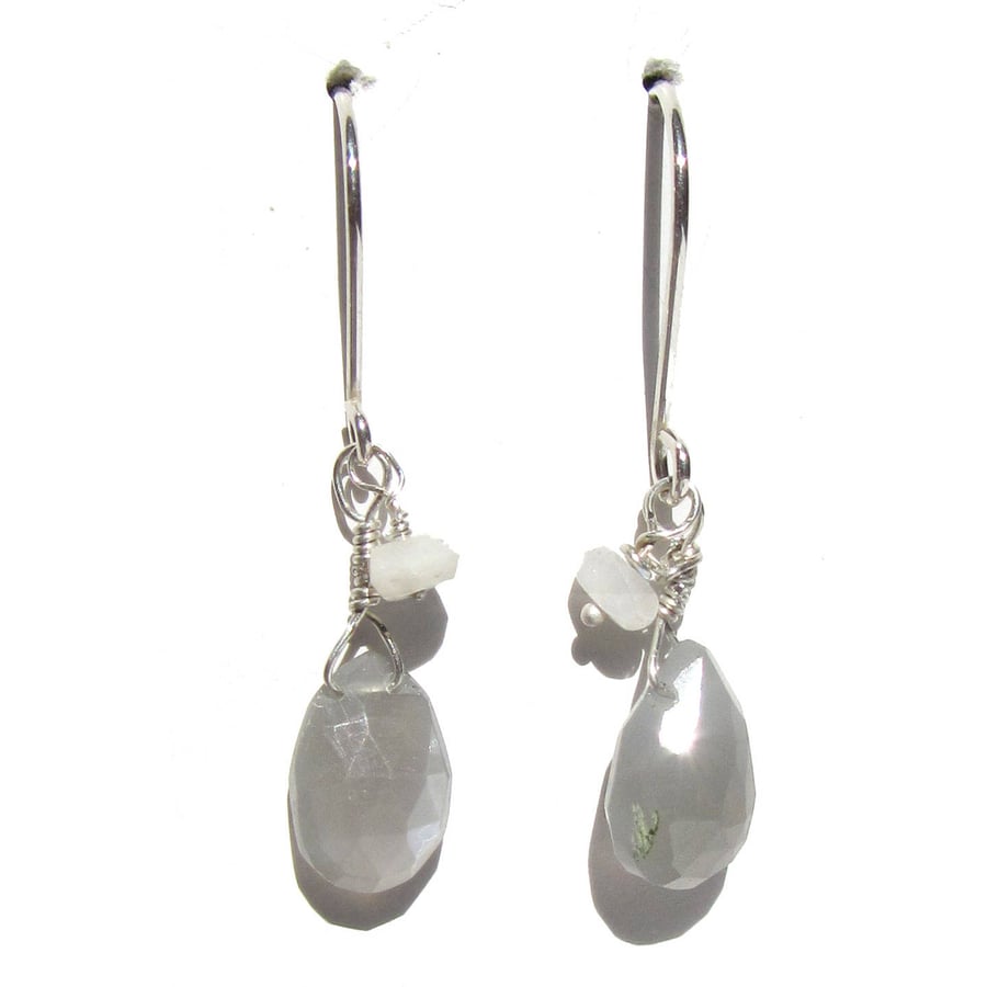 Grey Moonstone tear drop earrings in sterling silver with white flash moonstone 