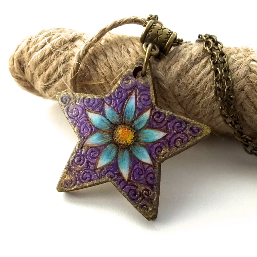 Blue Flower with Gold Accents Pyrography with Colour Wooden Pendant and Necklace
