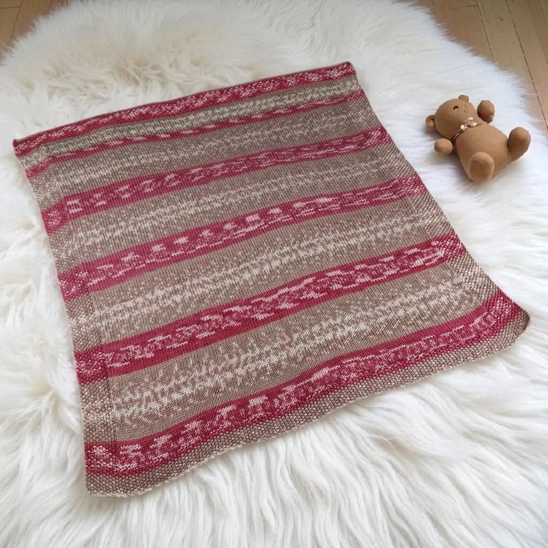 Hand Knitted Fair Isle Baby Blanket, Pink & Brown Pram Blanket
