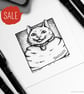 SALE - Swollen Kitty - Day 17 Inktober 2018 - Mini Cat Ink Drawing - Image 1
