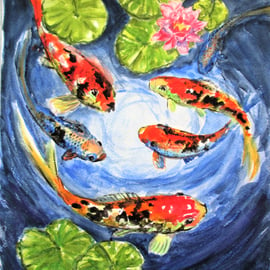 Fishes and Lilies. Original Painting of Koi fish in a pond