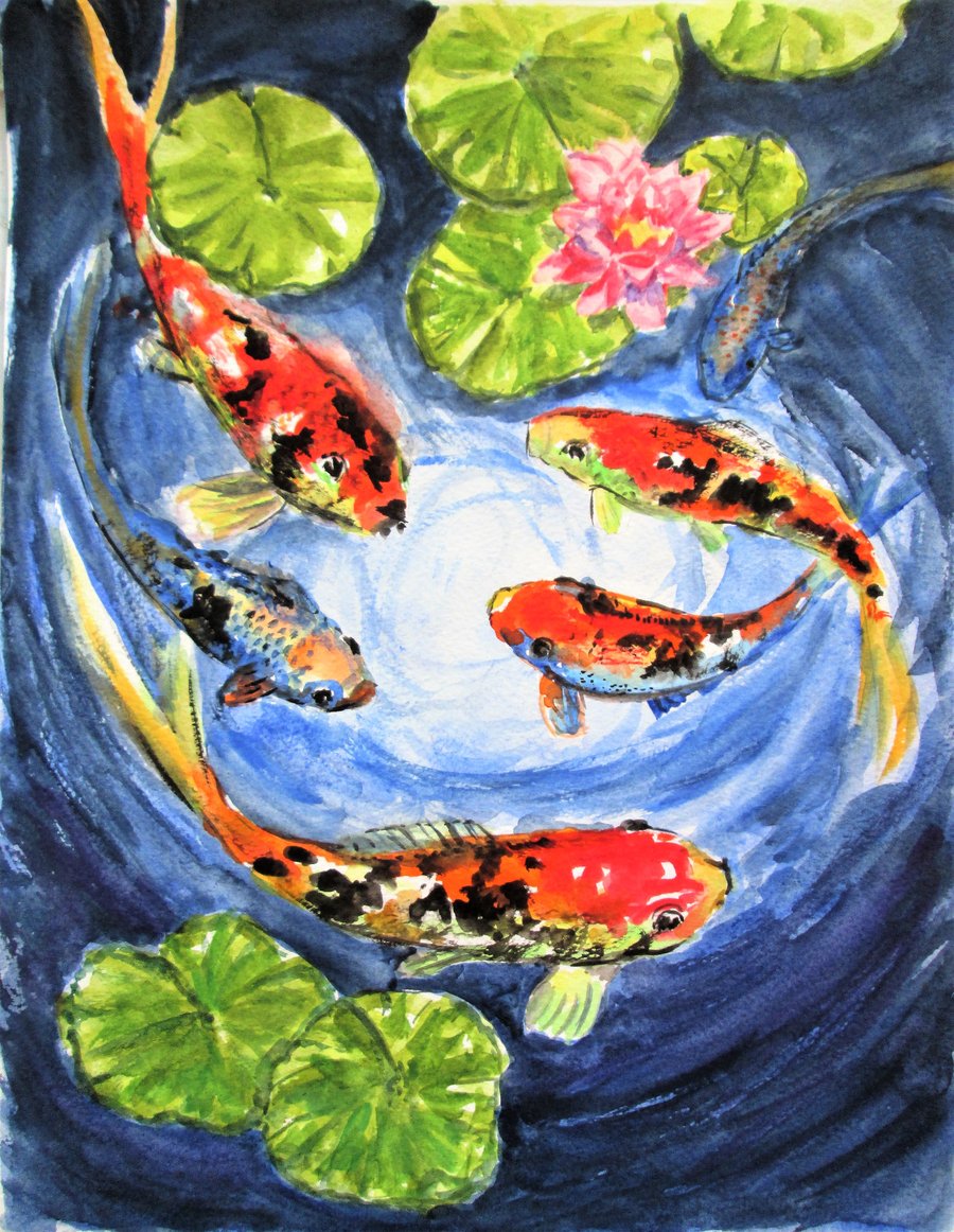 Fishes and Lilies. Original Painting of Koi fish in a pond