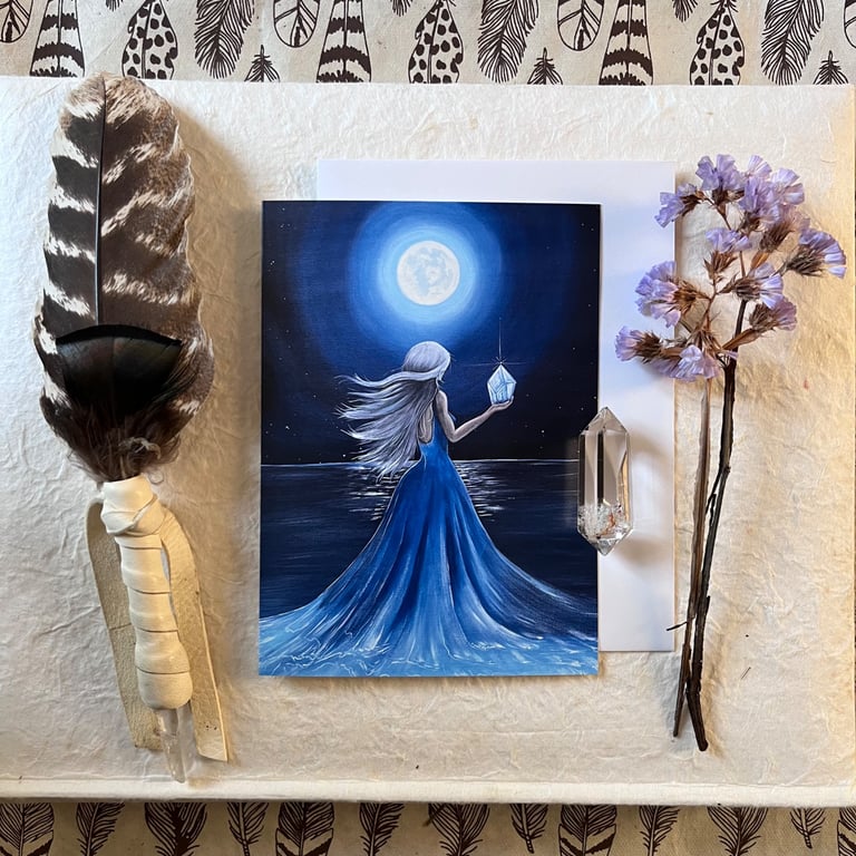 Ocean Goddess Magical Greetings Card (Pagan,Wiccan,Moon, Sea, Ocean, Quartz,)