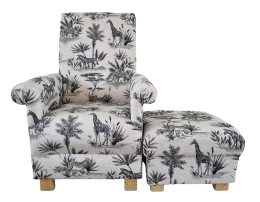 Safari Animals Chair & Footstool Adult Nursery Armchair Jungle Cream Grey Small