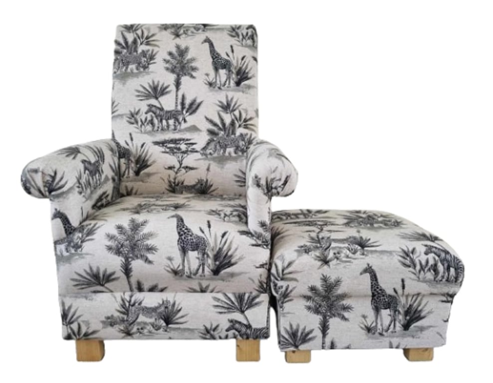 Safari Animals Chair & Footstool Adult Nursery Armchair Jungle Cream Grey Small