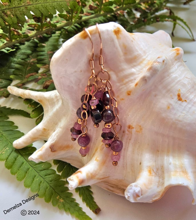 Designer Ruby, Pink Sapphire,  Rhodolite Garnet, Rose Gold Vermeil Earrings