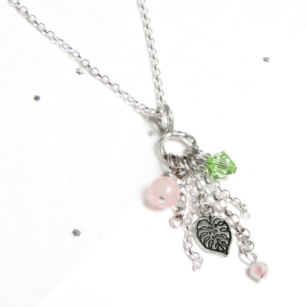 Pink and green monstera charm necklace