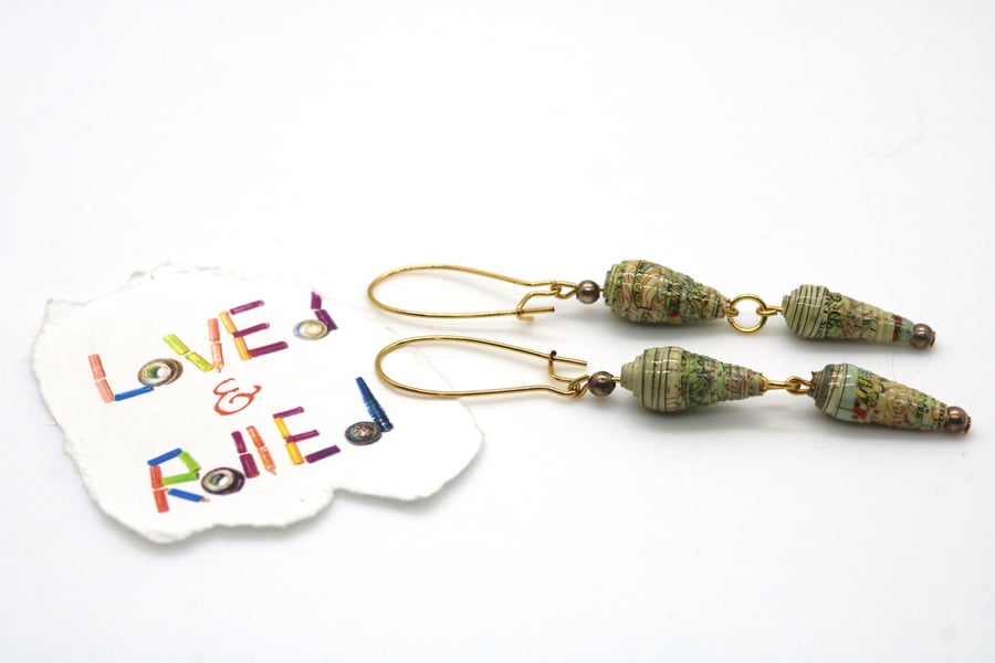 Long thin earrings made of 2 cones of map paper bead