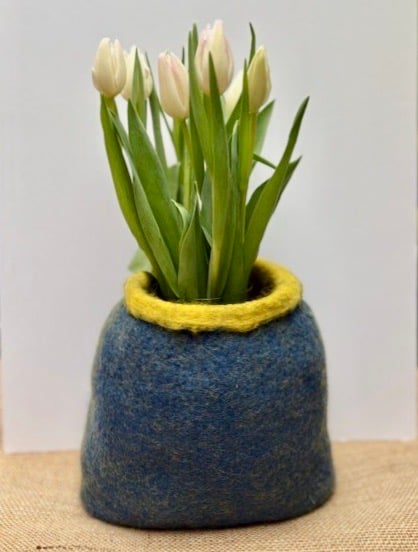 Tweedy blue wool felted vase.