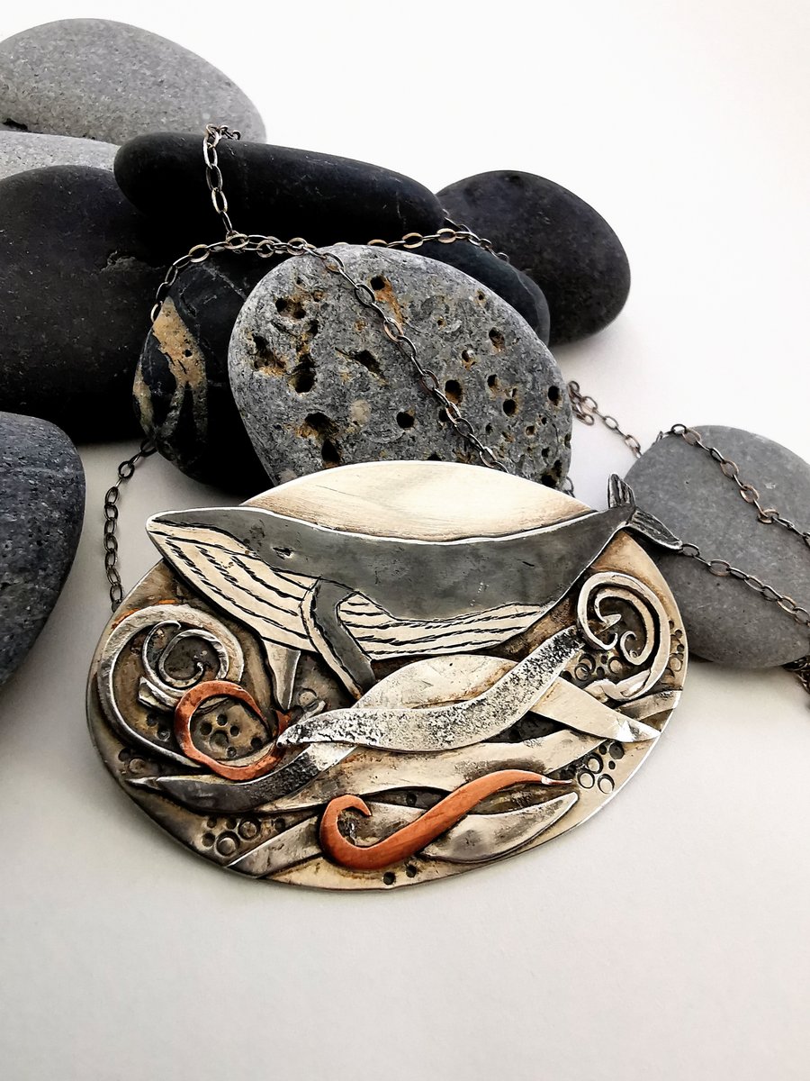 Sterling Silver Copper & Brass Artisan Whale Pendant Necklace