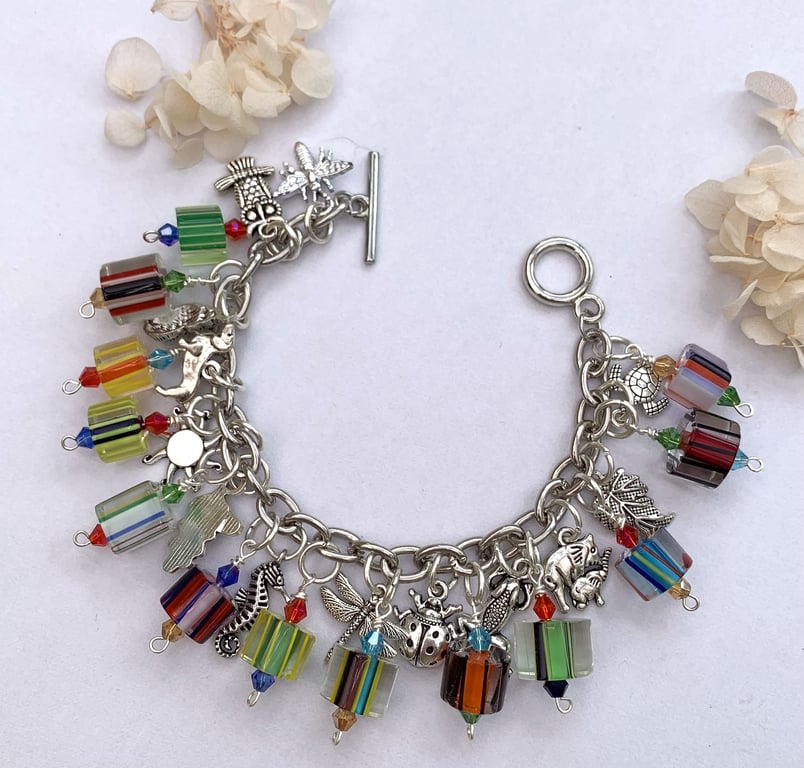 Silver and Cane Glass Charm Bracelet